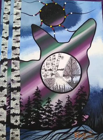 The Deer at Northern Lights, Indigenous Painting, Acrylic and Ink-work on Canvas