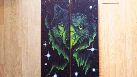 Wolf & Eagle, Fluorescent Native Canadian Painting, Acrylic on Canvas (Set of 2)