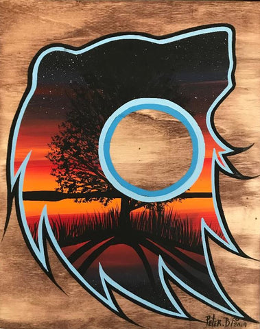 The Bear Spirit by the Water, Indigenous Painting, Acrylic and Ink-work on Board Panel