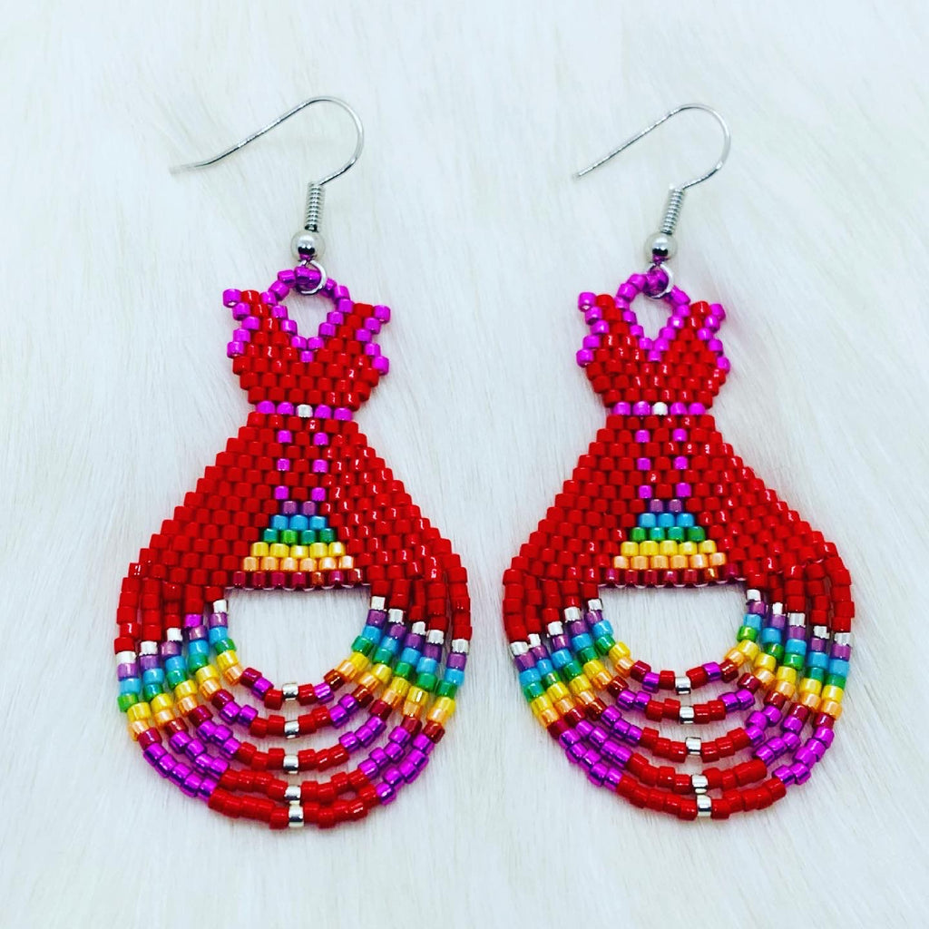 Beaded Red Dress Tipi Earrings IndigeneArts Beaded Red Dress Tipi Earrings IndigeneArts