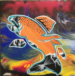 Feast, Fish, Fluorescent, Glowing Indigenous Painting, Acrylic on Canvas Board