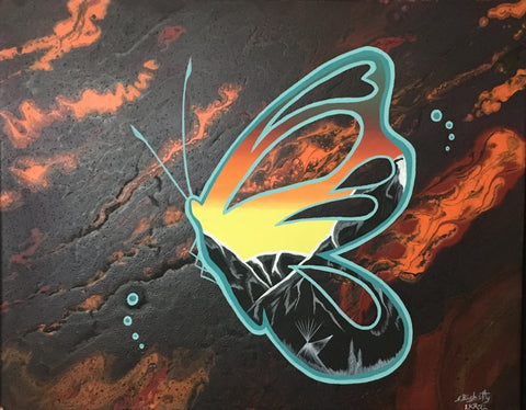 Butterfly, Fluorescent, Glowing Indigenous Painting, Acrylic on Canvas Board