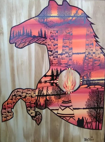 The Fire within the Horse, Indigenous Painting, Acrylic and Ink-work on Board Panel