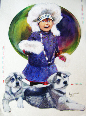 "Inuit Girl with her Puppies", Original Native Canadian Painting