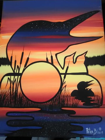 The Loon Family at Dusk, Indigenous Painting, Acrylic on Canvas