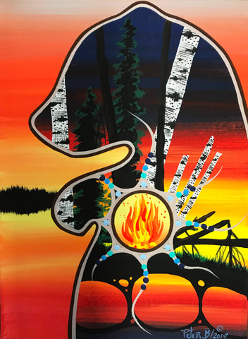 The Protector Bear at Twilight, Indigenous Painting, Acrylic on Canvas with Pencil Shading