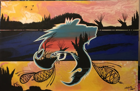 Strength, Wolf & Eagle, Fluorescent Glowing Painting, Acrylic on Canvas