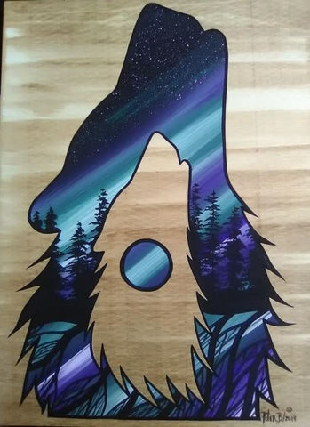 The Wolf in Northern Lights, Indigenous Painting, Acrylic on Board Panel